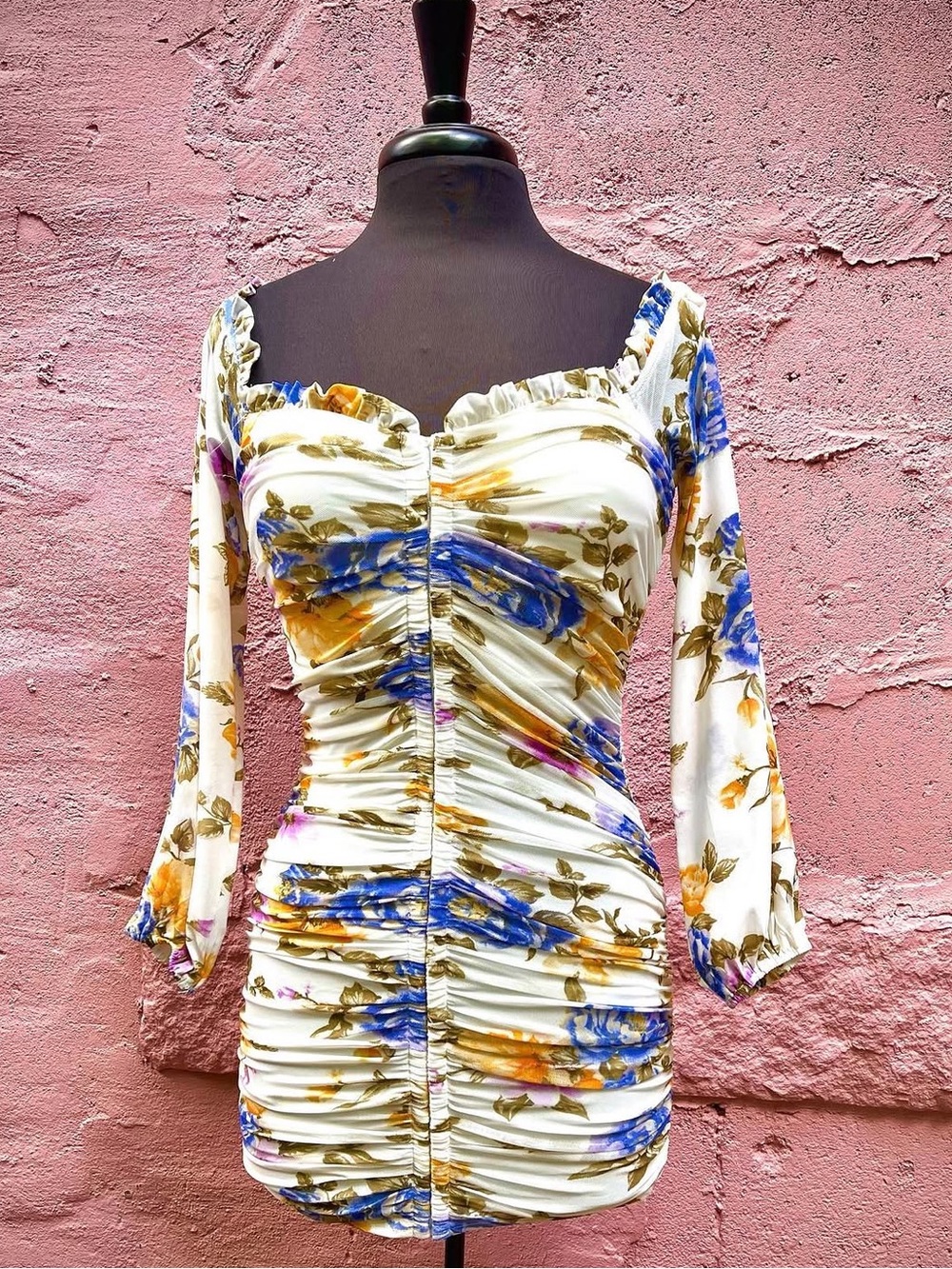 privy Cream Floral Ruched Mini Dress with Blue & Mustard Blooms